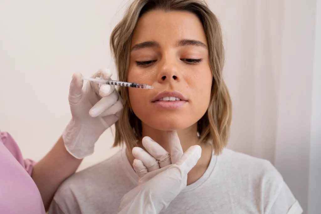 Aesthetic professional administering dermal filler injection near the lips of a female client at Skin Ritual in Gilbert, AZ for facial rejuvenation